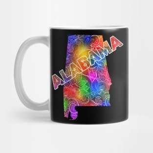 Colorful mandala art map of Alabama with text in multicolor pattern Mug